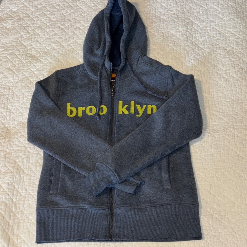 Brooklyn Industries heather blue Hoodie with Lime Green “Brooklyn” Text